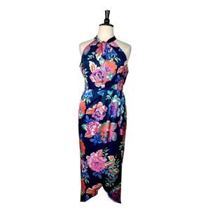 Julia Jordan New Dress Halter Neck Wrap Blue Pink Floral Satin Women’s Size 16